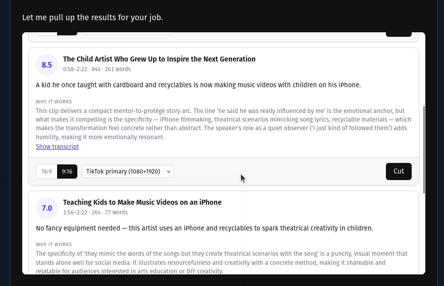 Weftly clip picker showing two ranked candidates from a creator interview, with score, timestamps, hook line, and a 9:16 / 16:9 format selector.